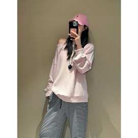 韩系甜美休闲运动服套装女秋季少女感粉色斜肩卫衣条纹长裤两件套