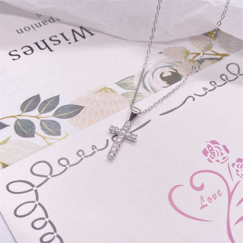 Cross Pattern 925 Sterling Silver Zircon Cable Chain Inlay Cross Pendant Necklace