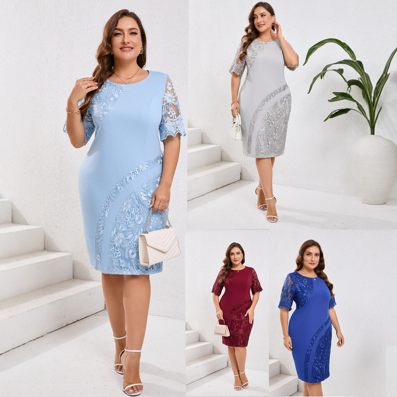 2025 Cross-Border Summer and Autumn Plus Size Women's Dress Embroidered Lace Splicing Slim Cocktail Dress Hip Skirt 2025 Cross-Border Summer and Autumn Plus Size Women's Dress Embroidered Lace Splicing Slim Cocktail Dress Hip Skirt