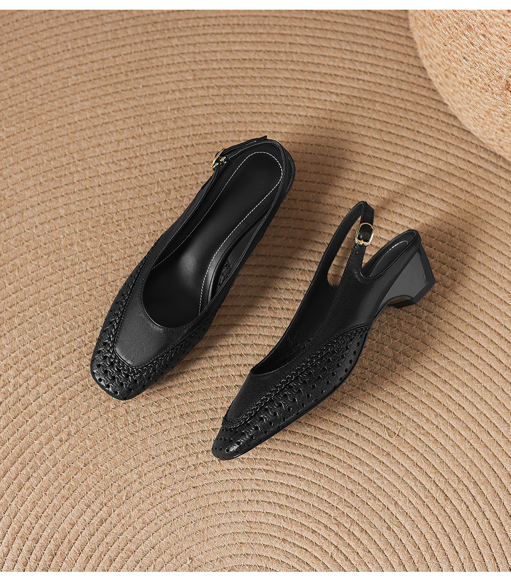 Sandal nữ gót thấp 3.5cm da cừu dệt mũi vuông kiểu Pháp quai một dây — đen chi tiết 19
