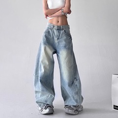 高街ヒップホップ水洗い曲げナイフジーンズ女性2025春秋新型アメリカレトロゆるいワイド脚長ズボン