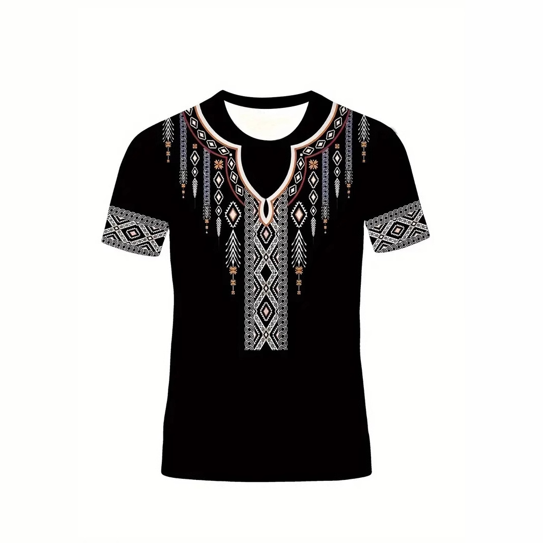 Camiseta de cuello redondo de manga corta transpirable suelta de todos los partidos casual de los hombres con estampado tribal retro clásico de venta caliente con estampado 3D