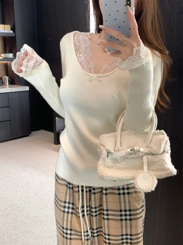 实拍秋季韩版纯欲蕾丝拼接V领修身长袖针织衫打底毛衣女上衣88228|undefined