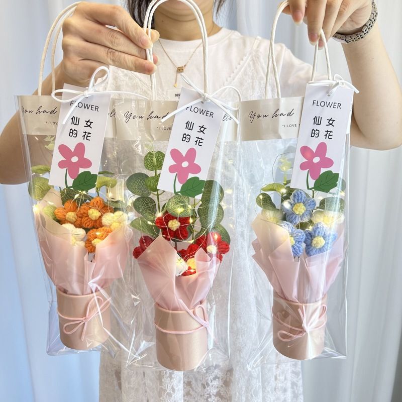 Teacher's Day Gift Knitted Flower Bouquet Plush Flower Hand-Held Hug Bucket Flower Mother's Day Hand-Knitted Puff Flower
