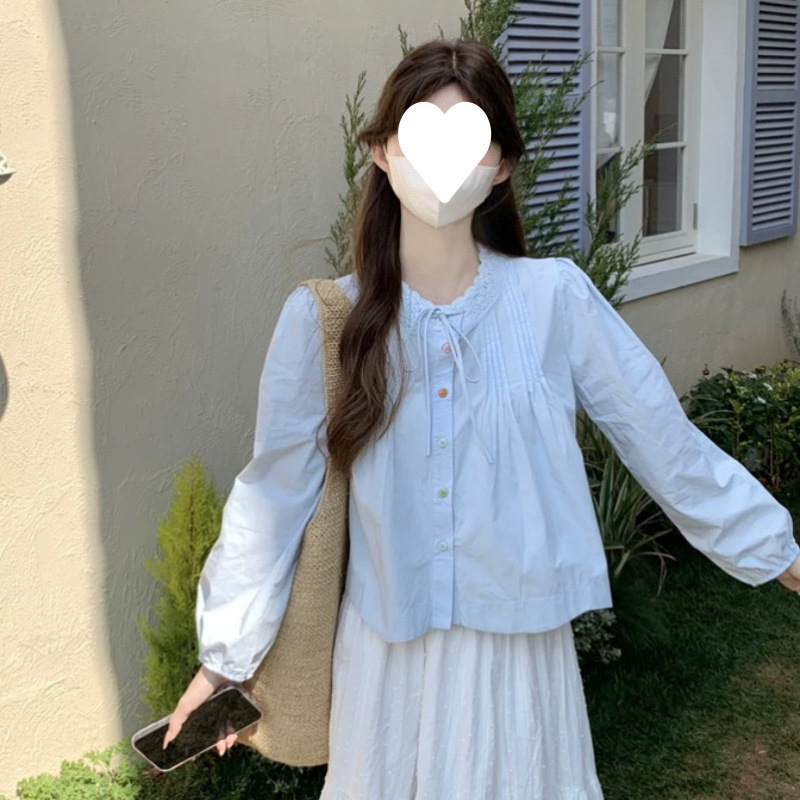 韓国ラウンドネックレースパフスリーブシャツ女性のための春と夏のデザインプリーツストラップシングルブレスト美しいカーディガン|undefined