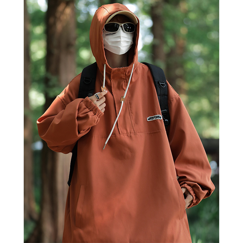 2024 Vintage Half Zipper Jacket Men's Spring and Autumn Loose Trendy Rushwork Clothes Hong Kong Fashion Brand Hooded Jacket Gown
