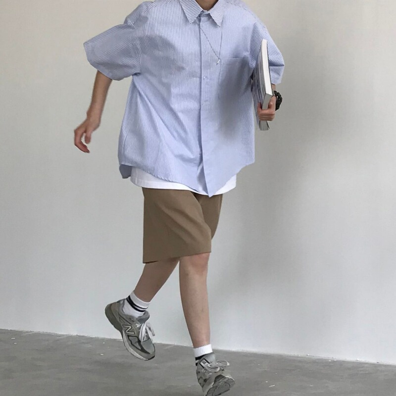Japanese Cityboy Blue and White Striped Short-Sleeve Shirt for Men and Women, New Summer Loose Casual Men's Shirt Jacket Japanese Cityboy Blue and White Striped Short-Sleeve Shirt for Men and Women, New Summer Loose Casual Men's Shirt Jacket