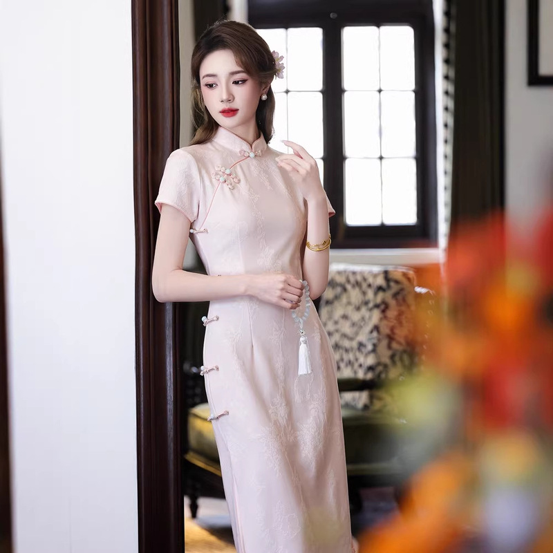 Pink Jacquard Mid-Length Cheongsam for Women, 2026 Spring New Style, Short-Sleeve, Young Style, Suitable for Work
