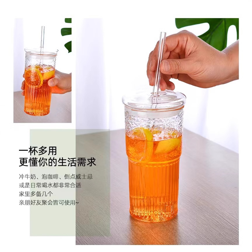 Taza de paja de vidrio de alto borosilicato de color, taza de jugo de leche doméstica de alto valor facial, taza de té de leche de vidrio transparente de gran capacidad