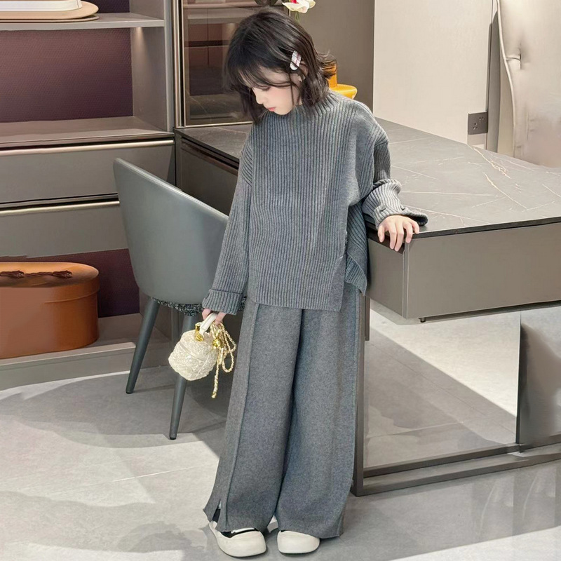소녀 스웨터 세트 2024 가을 게으른 스타일 어린이 디자인 니트 탑 스플릿 바지 2 피스 세트