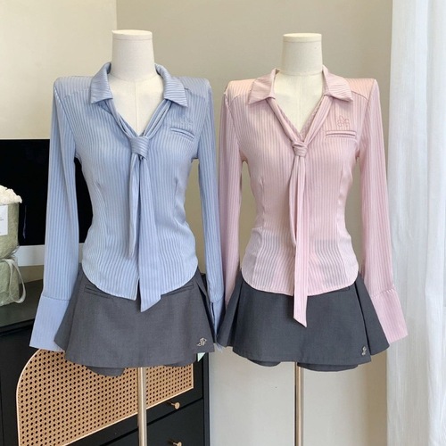 Smooth waist-cinch slimming stand-up collar solid color women's long-sleeved shirt with tie two-piece set with skirt or pants