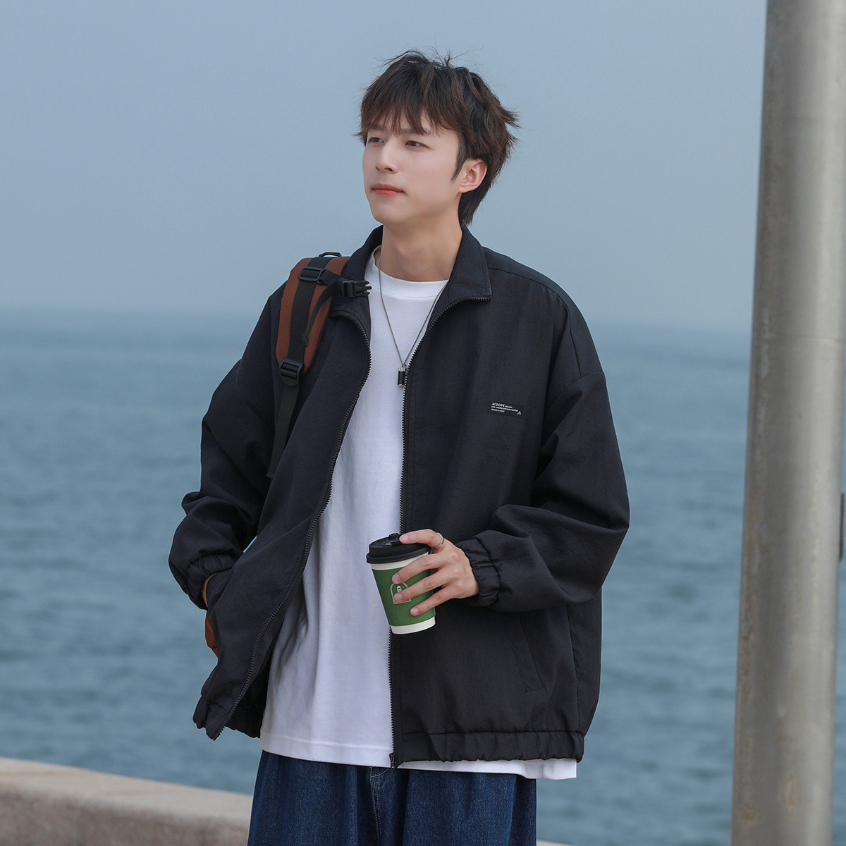 Collar del soporte abrigo de los hombres moda ins Hong Kong estilo simple casual Top primavera suelta marca pu Shuai chaqueta entrenador