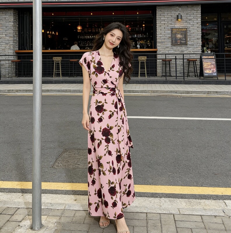 French Style Celebrity New Rose Story Pink Wrap Skirt Waist Slimming Sleeveless Dress Long Skirt