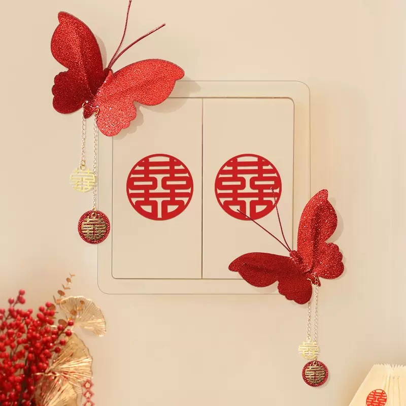 Wedding Switch Decal with Double Happiness Characters and Butterfly Hangers, Home Decoration, Room Arrangement, New Room Bedroom Living Room Wall Decor, Wedding Supplies