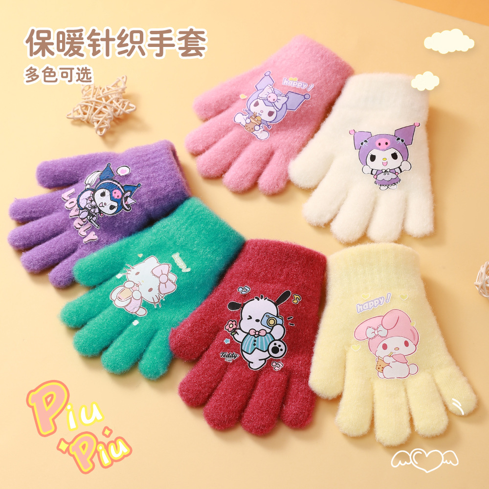 Children's gloves winter warm knitted wool fleece-lined cartoon five-finger boys and girls cute finger student writing gloves