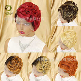 波浪花纹刘海真人发头套Pixie Cut Wig Human Hair Wig前蕾丝假发