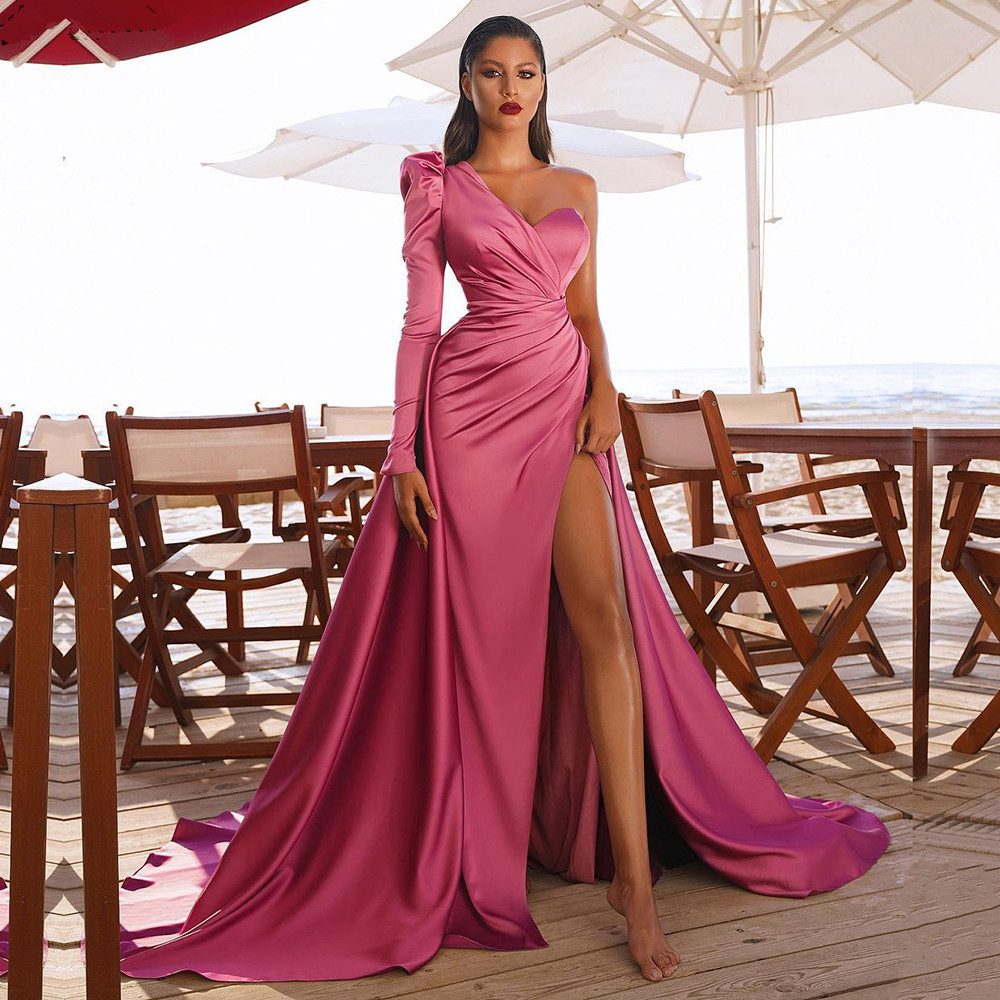 Comercio exterior europeo y americano Amazon AliExpress deseo nuevo vestido de cena de satén de un hombro vestido largo sexy Split