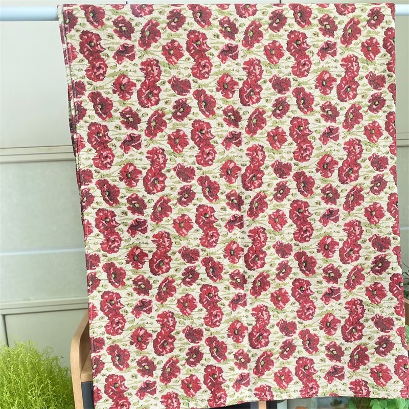 田园罂粟花高精密提花面料DIY桌布箱包女装裹胸裙子外套沙发布料