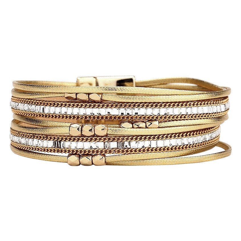 Amazon Hot Sale Bohemian Diamond Beads Multi Strand CCB Multi-Layer PU Magnetic Buckle Bracelet Square Hot Rhinestone
