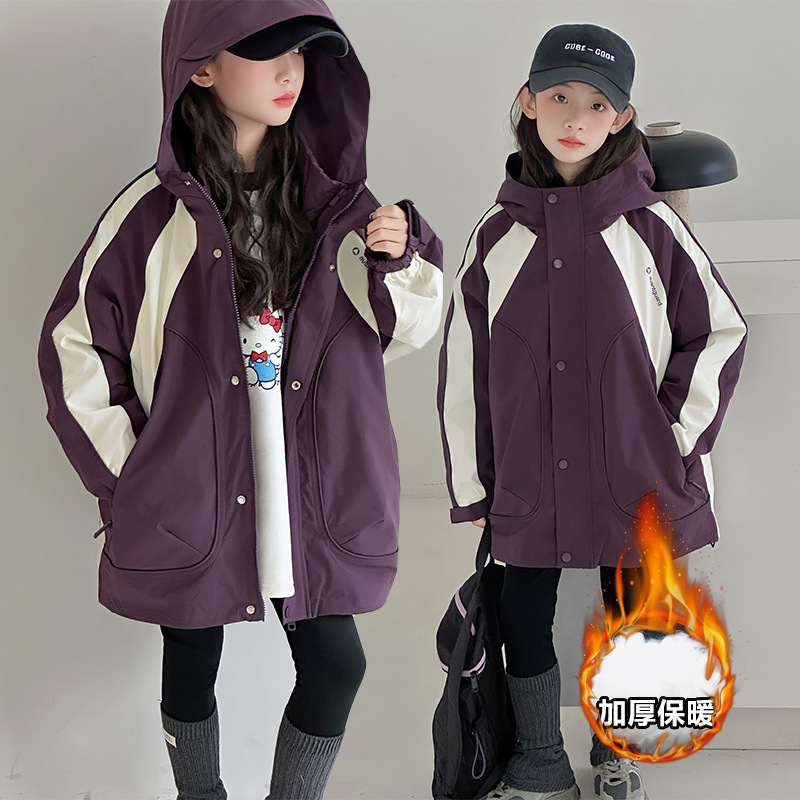 女童冬装棉衣2025冬季新款韩版儿童兔毛加厚冲锋衣大童绒毛派克服