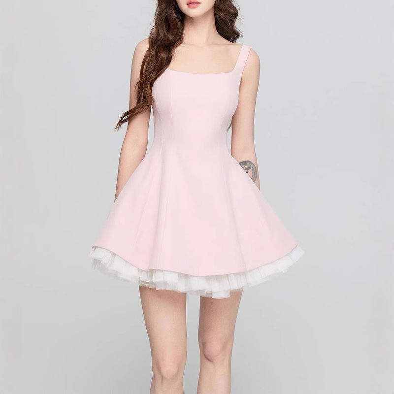 Avenement/Square Collar Splicing Mesh Sleeveless Dress Tutu Skirt Elegant Contrasting Color Design for Women Summer