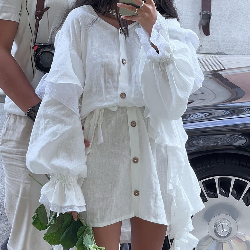 ヨーロッパとアメリカのクロスボーダー婦人服 2025 夏の新しい気質ラウンドネックデザインフリルレースアップシャツドレス|undefined