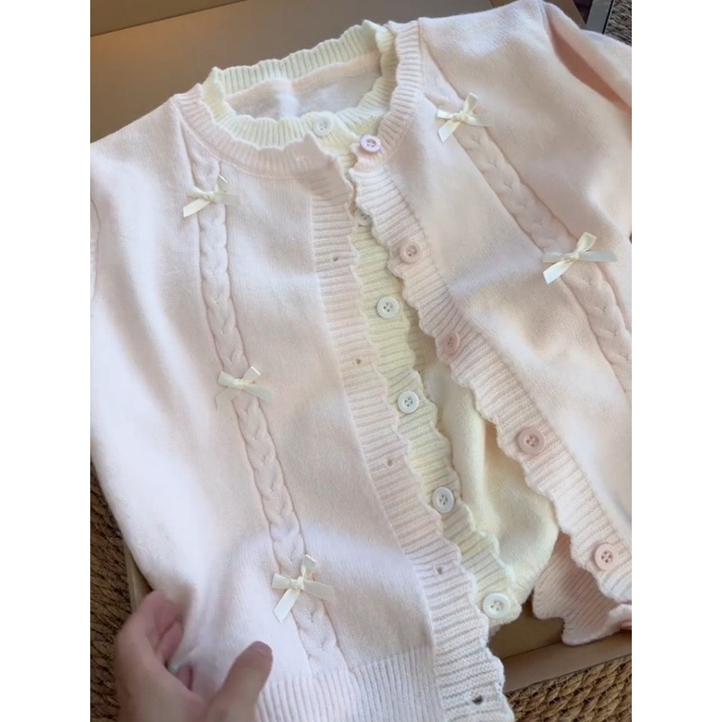 Korean Sweet Bow Twist Fake Two-Piece Knitted Cardigan for Women Autumn and Winter New Soft and Waxy Design Sweater Jacket