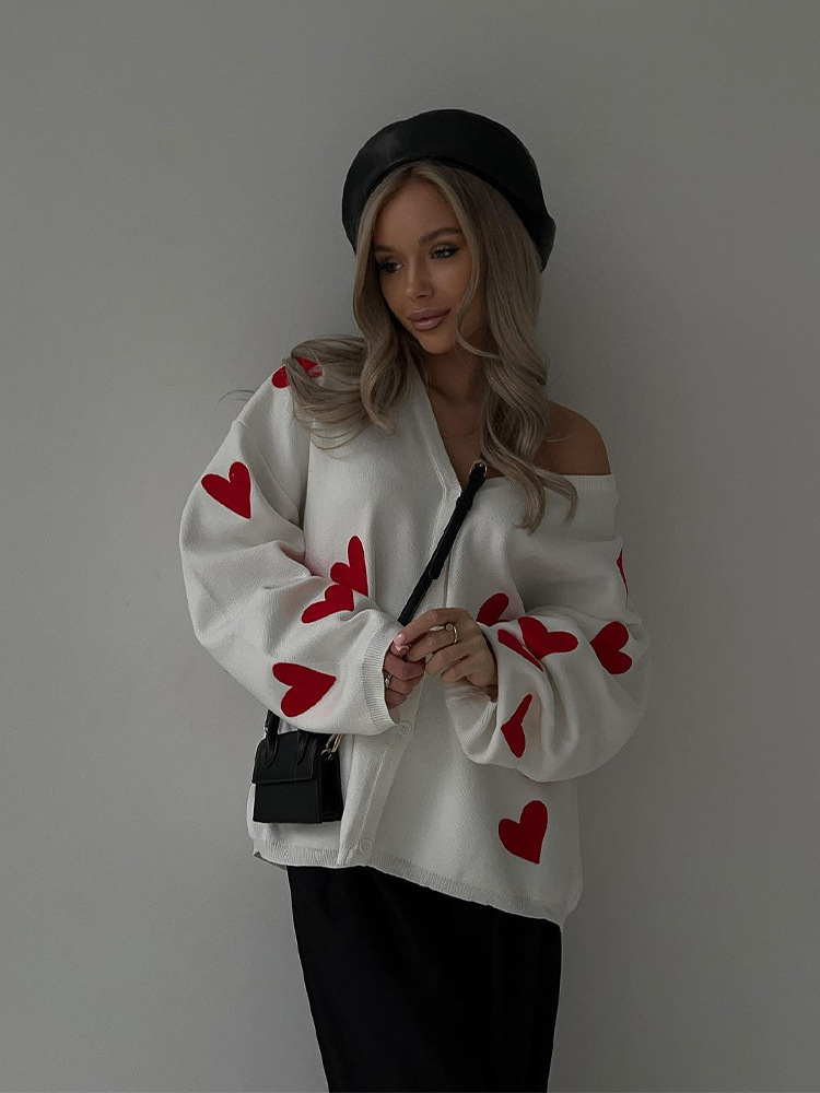 570g Weight Long Sleeve Sleeve Length Single Breasted Placket Type Regular Sleeve Sleeve Type Viscose fiber Fabric Type Regular Top Length Sweater Tops Type Holiday, Street Occasion V Neck Neckline Loose Fit Type Heart Shape Pattern Winter, Autumn Season Women's Gender Elegant, Streetwear Style Women's Sweater Long Sleeve Sweaters & Cardigans Elegant Streetwear Heart Shape 19
