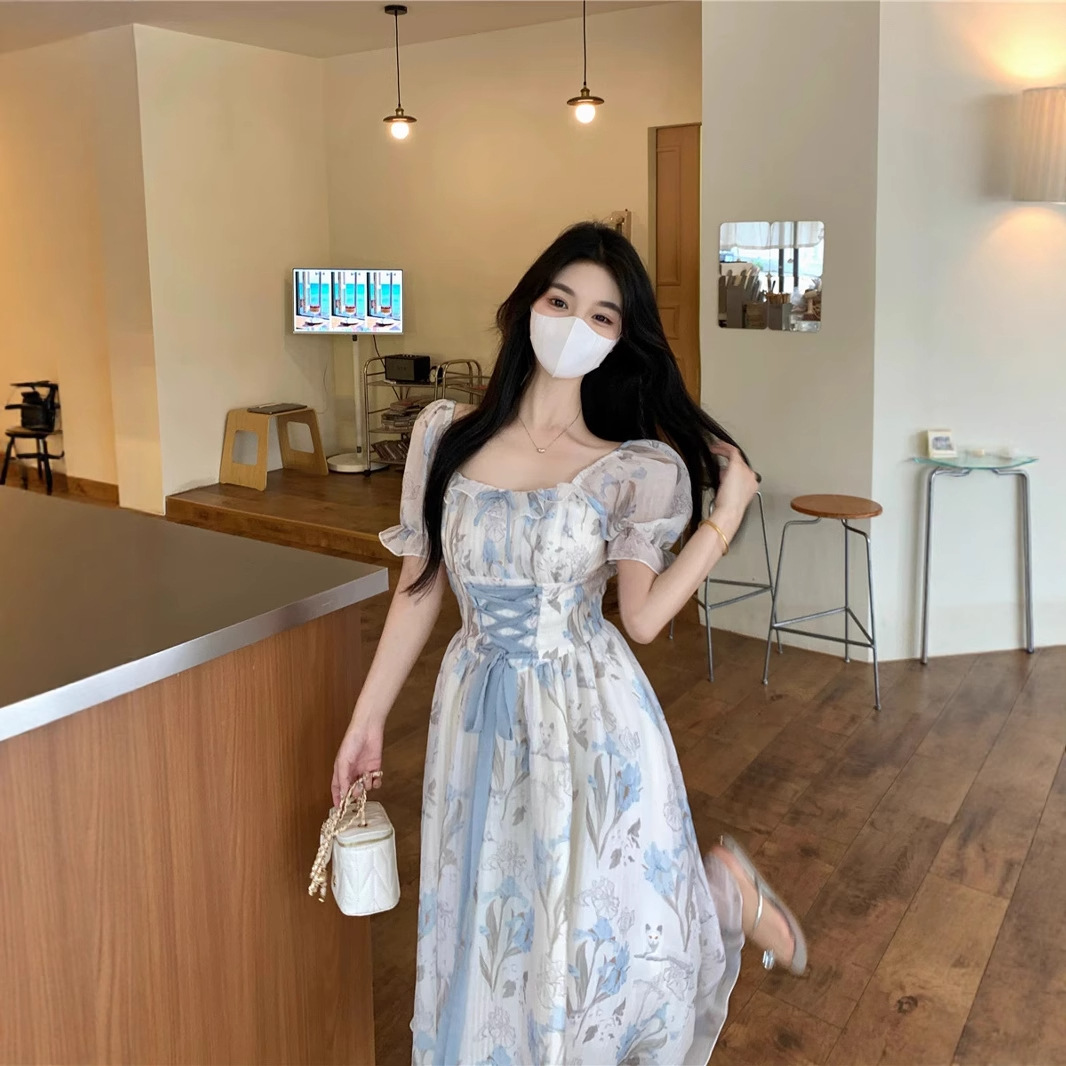여름 신상 프렌치 레트로 티 브레이크 드레스 스퀘어 넥 레이스 업 허리 슬리밍 시크 기질 드레스