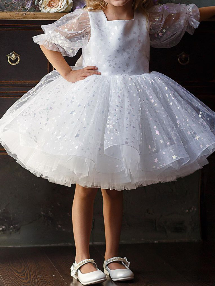 Christmas Princess Dress For Girls – Sparkly White Tutu With Puffed Sleeves & Bow Details (80-160cm, Perfect For Holiday Parties & Performances)_voghion.com