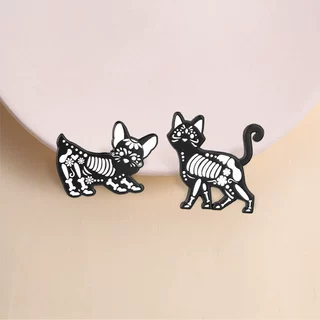 亡灵骷髅猫咪胸针两件套黑白小猫金属暗黑风万圣节服饰装饰徽章