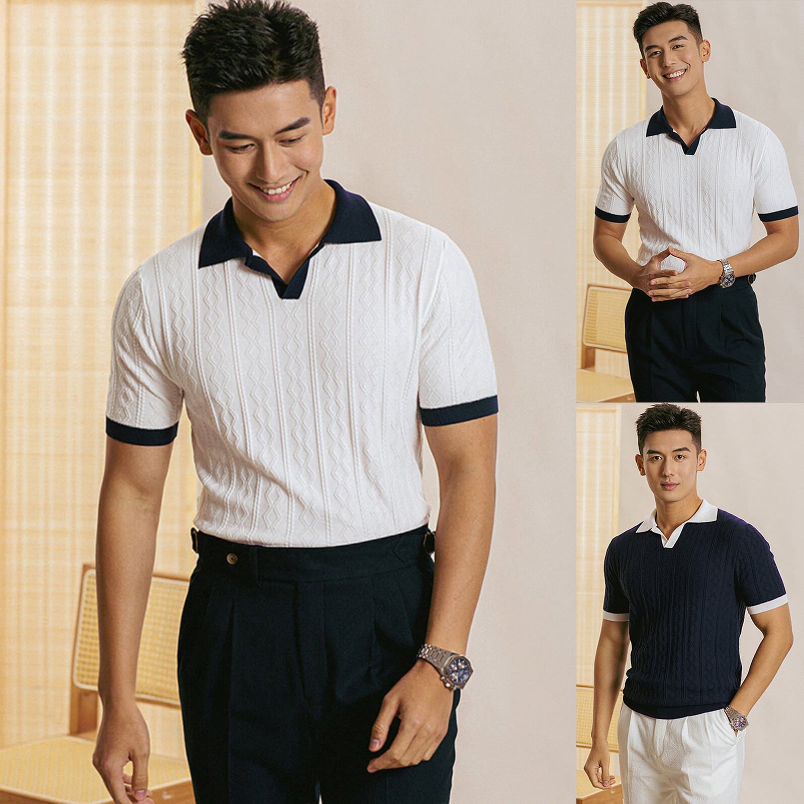 Polo camiseta de punto camiseta de manga corta hombre cuello en V cuello gaviota color de textura vieja camiseta de viento de verano fábrica transfronteriza al por mayor