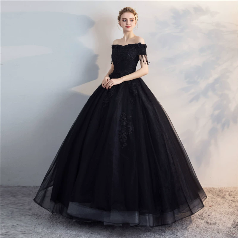 Demi-season black evening dress, long skirt, open shoulders, tutu skirt