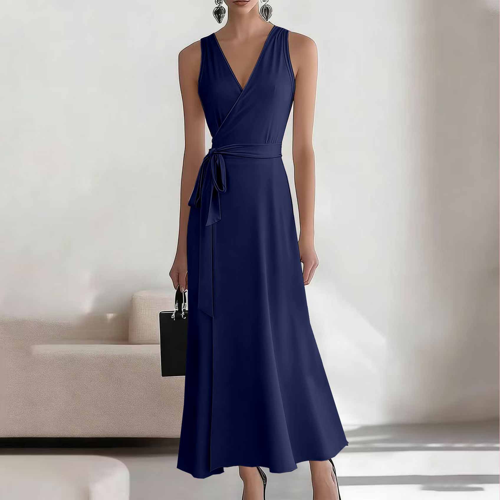 2026 European American Style New Sleeveless Elegant Cross-neck Belted Knitted Dress For Cross-border E-commerce On_ecoleips.com