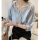 2023 Summer New Korean Loose V-neck Chiffon Shirt Women's Lace Stitching Fairy Short-sleeved Trendy Top