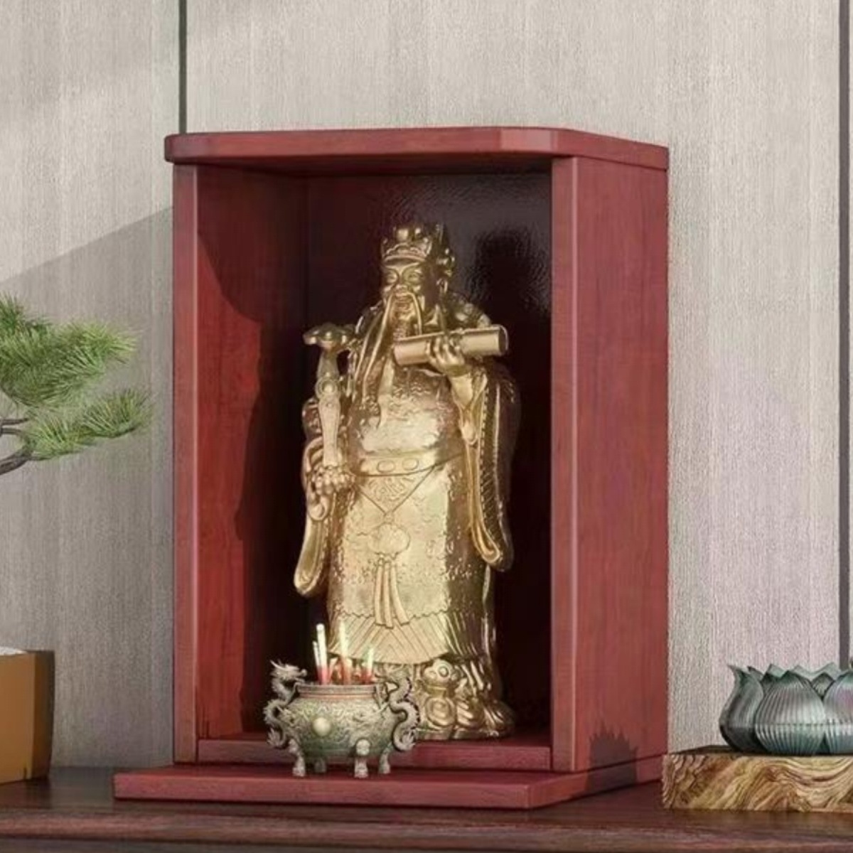 Home Altar for Buddha, Desktop Shrine for Buddha, Guanyin, and Guan Gong, Small Altar Table