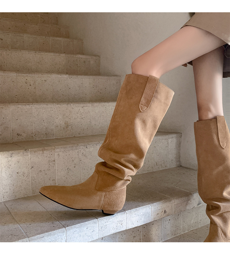 Boot nữ cổ thấp mũi nhọn gót thấp ống xếp ly chất da lộn — màu đen, màu xám, màu mơ chi tiết 28