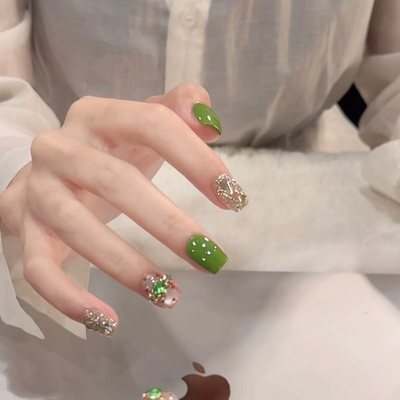 [Greenish] New Style Pure Handmade Wearable Nails for Spring and Summer, Nude Color, High-End, Complexion-Enhancing Wearable Pure Handmade Nail Patches