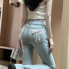 小个子辣妹蝴蝶结微喇牛仔裤女春夏新款高腰显瘦弹力马蹄裤喇叭裤