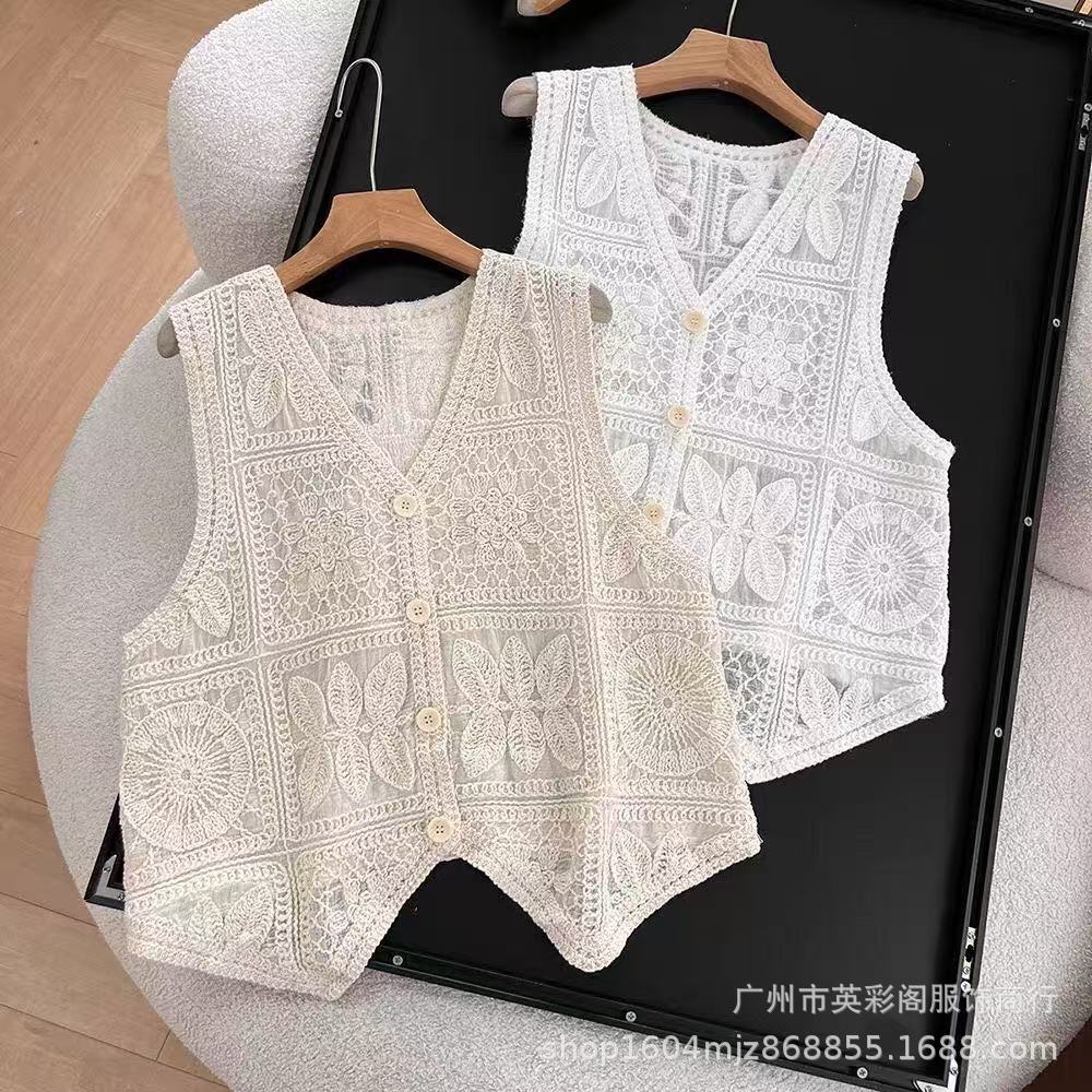 High-End Elegant Cut Out Crochet V Vest for Women Summer Thin Outer Sleeveless Embroidered Vest Cardigan Top for Women