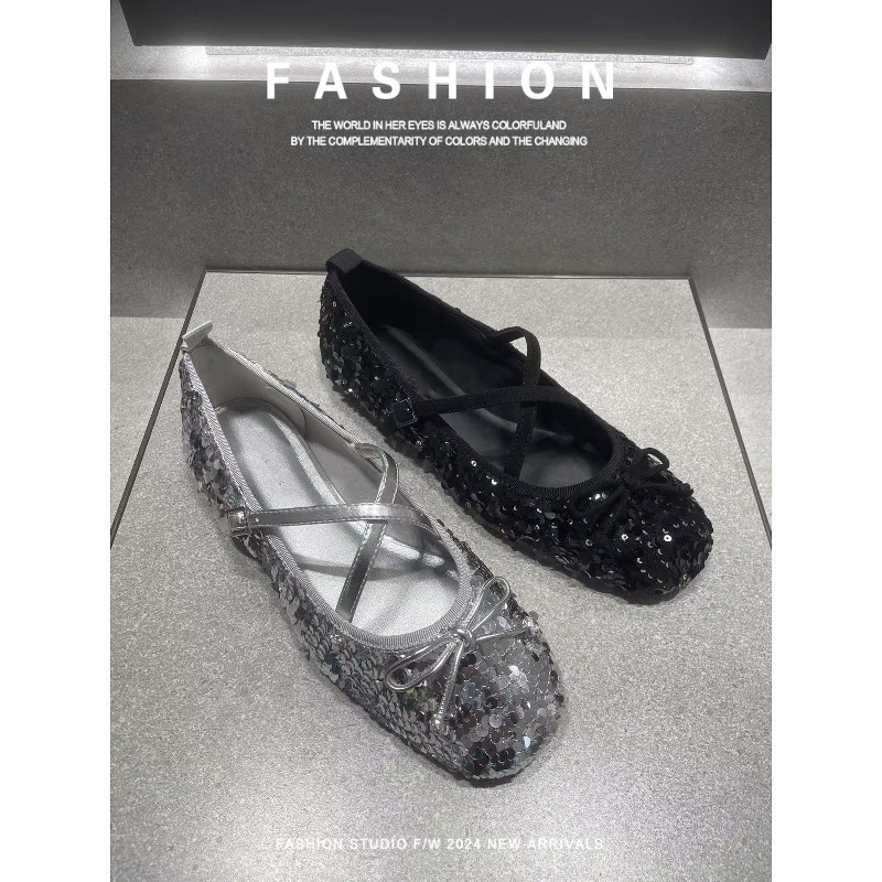 Sheepskin Mary Jane Shoes for Women, Silver with Ballet-Style Hidden Height Increase, Genuine Leather, Cross-Strap, Sequined, Flat Bowknot Single Shoes, 5cm