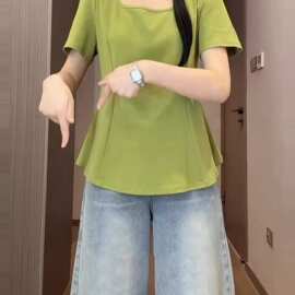 小清新绿色方领短袖恤女夏新款大码胖修身收腰字下摆上衣