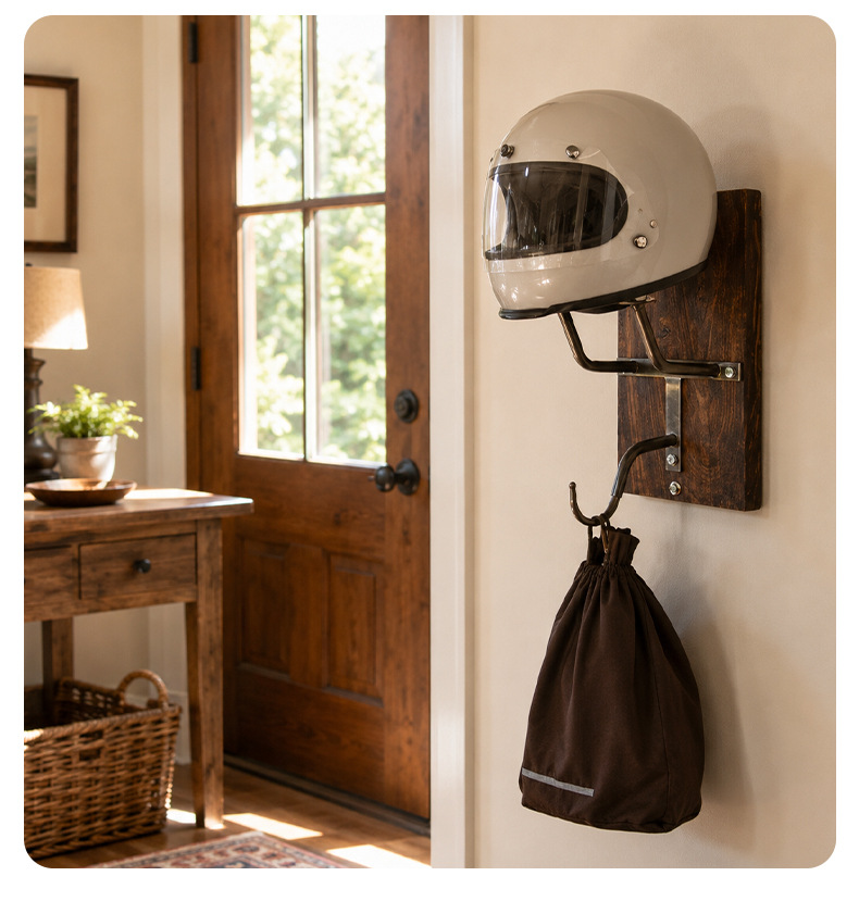 Wall-mounted motorcycle helmet holder, hockey, ice hockey, baseball, softball, rugby, equestrian, baseball hat rack