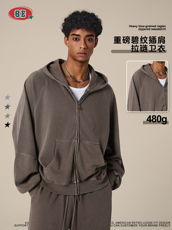 BE男装|2025秋季美式潮牌BOXY短宽版480G重磅廓形拼接拉链卫衣男|undefined