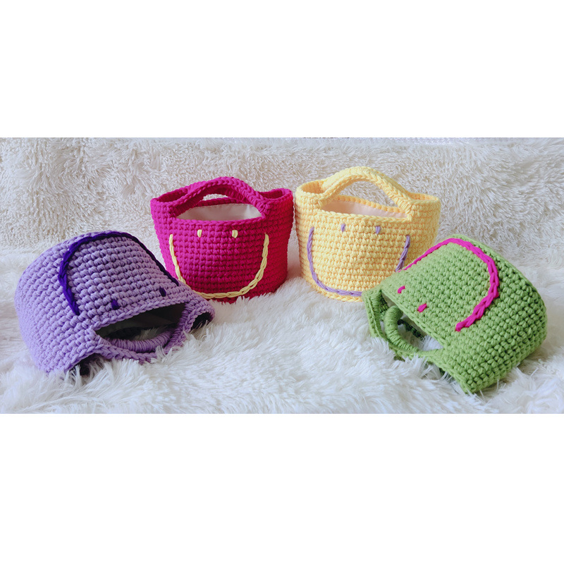 编织手提包纯手编织毛线笑脸smile包包可爱糖果色洋气时髦日韩风