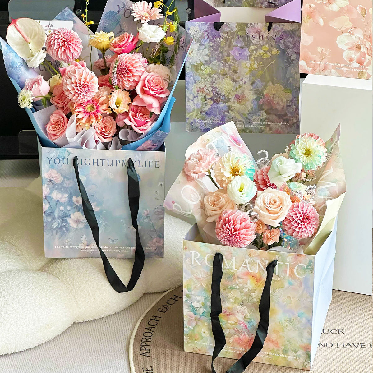 Siciliana pintura al óleo bolsas de mano bolsas de ramo de flores vintage materiales de flores al por mayor bolsas de regalo cuadradas