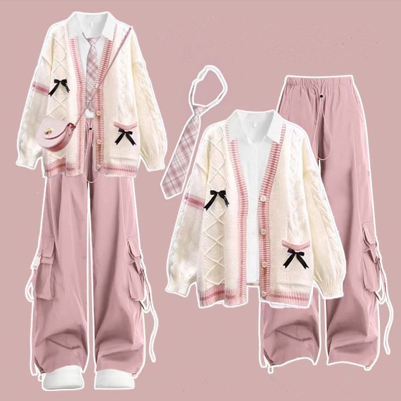 2026 Autumn and Winter New Korean Style Student Outfit: Knitted Cardigan for Women + Shirt + Tie + Pink Work Pants Four-Piece Set