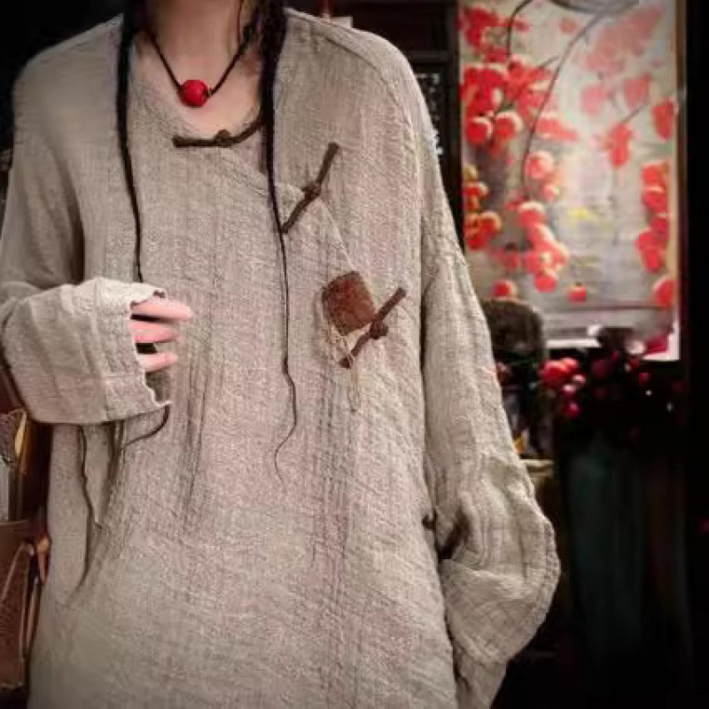 Yimu Lolan 231216 テクスチャードリネン刺繍長袖オリジナルリネンボタンシャツトップ文学レトロ|undefined
