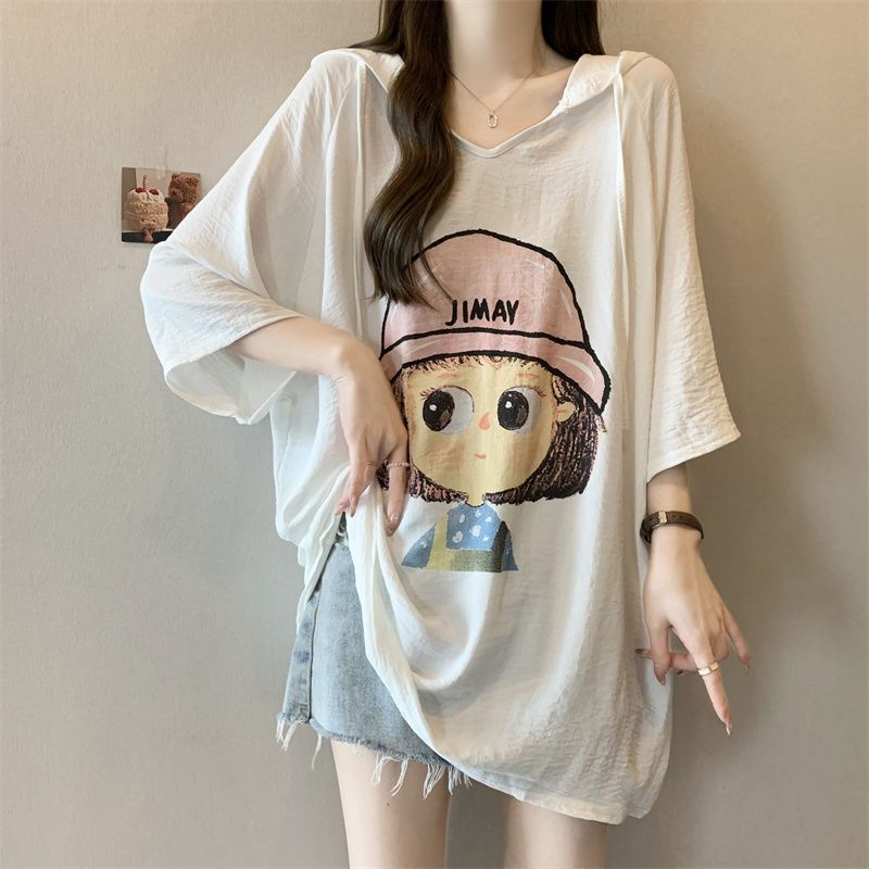 Camiseta de manga corta con capucha y estampado de dibujos animados para mujer de talla grande verano 2024 nuevo estilo suelto delgado mm top mujer