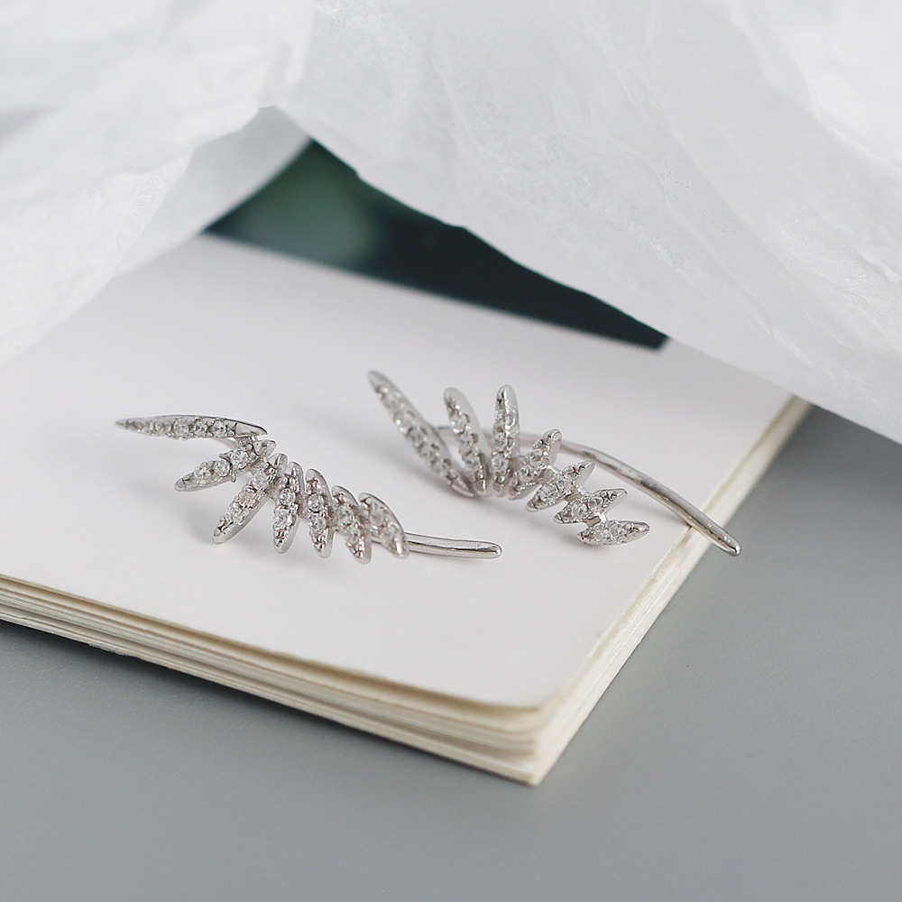 Fashion Feather Sterling Silver Plating Zircon Ear Studs 1 Pair